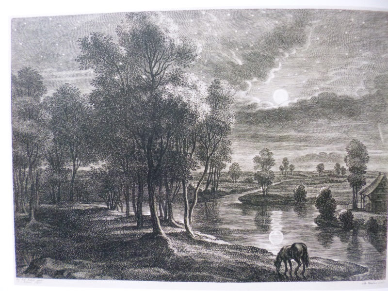 Kupferstich nach Rubens - Landschaft mit weidendem Pferd im Mondschein